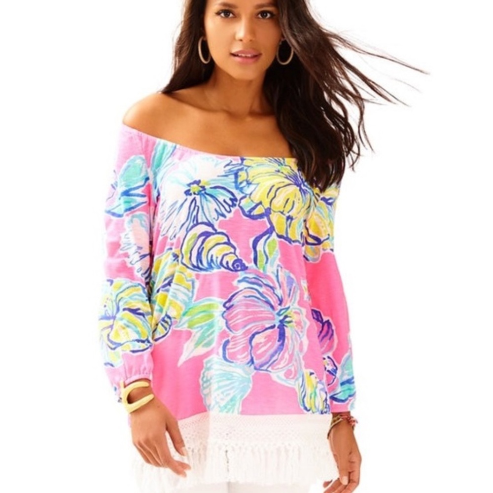 Lilly Pulitzer Kir Royal Pink Swept By The Tides Fringe Peasant Top XS